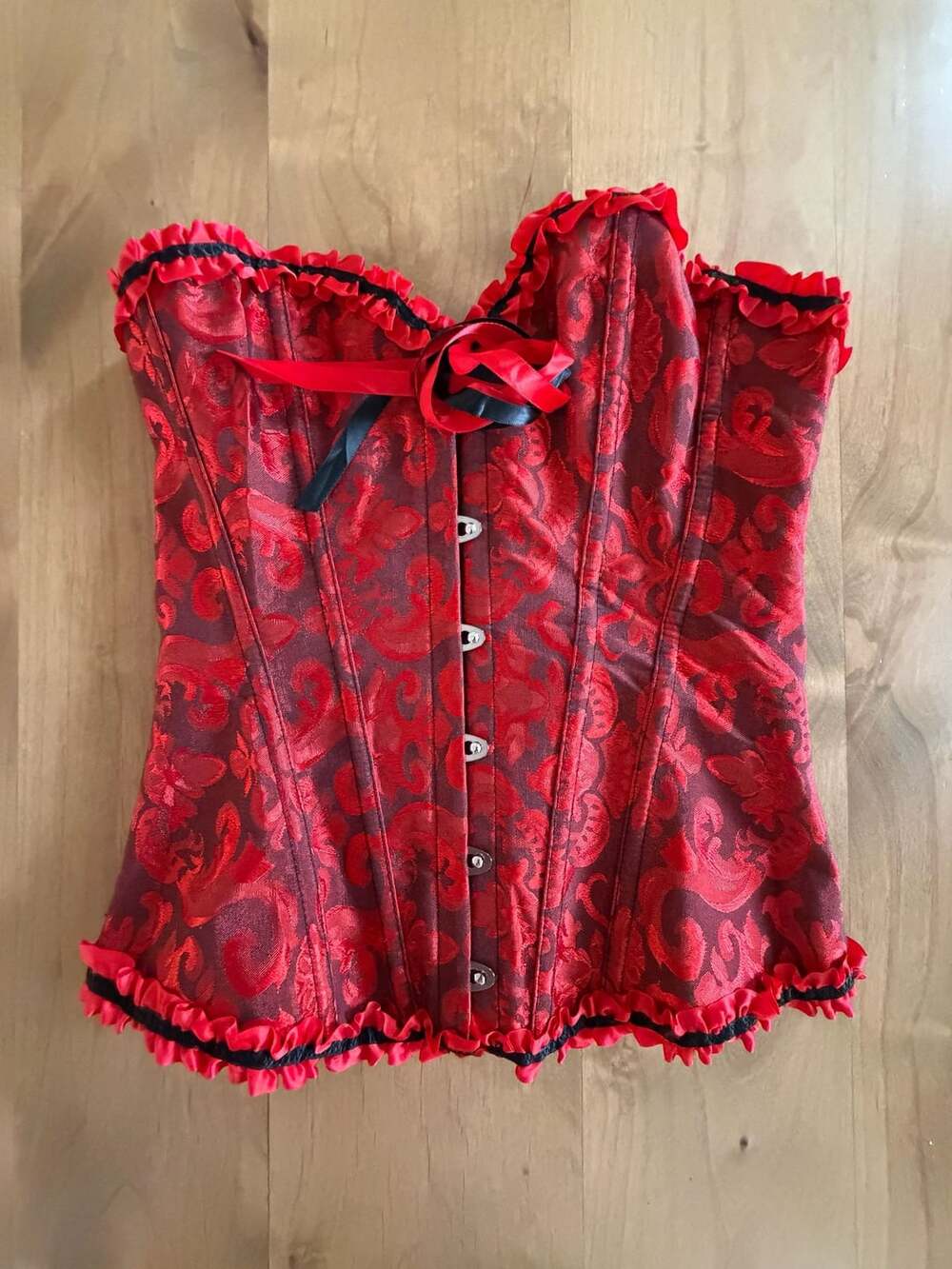 Red and Black Jacquard Brocade Overbust Corset Bustier Top Small